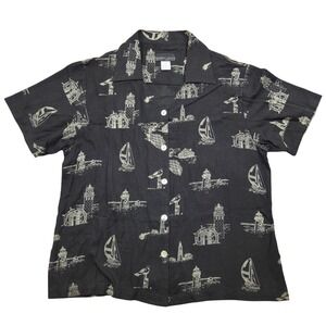 Robert Louis Silk Short Sleeve Shirt Nautical AOP‎ Black Womens Large